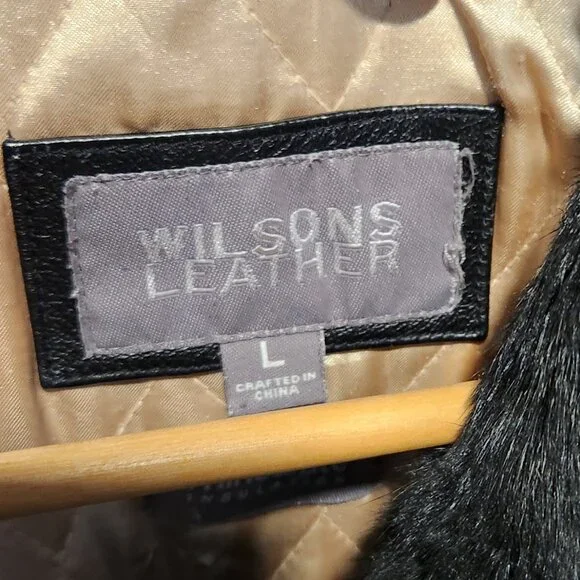 Wilson's Leather Womens Large Black Belted Leather Jacket Rabbit Fur Trim - Picture 6 of 12